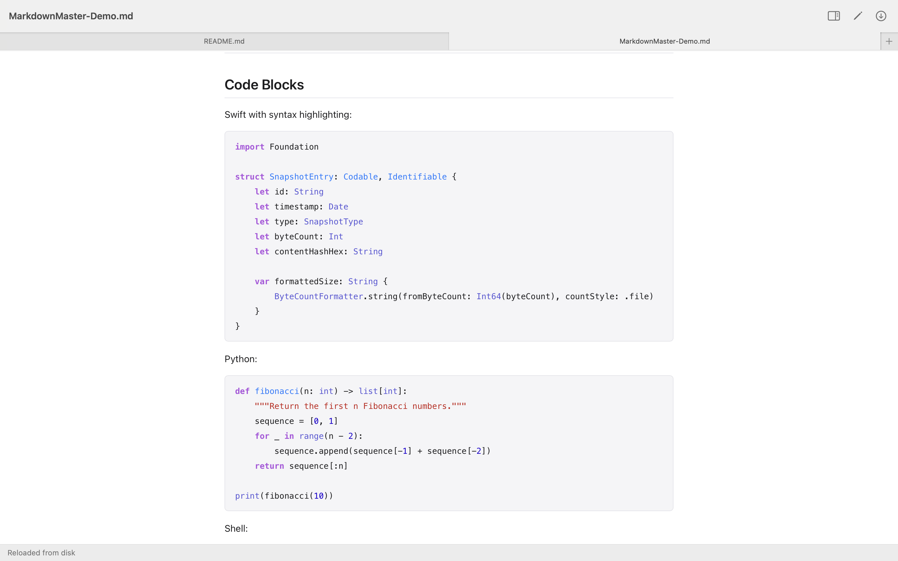 Markdown Master showing syntax-highlighted code blocks