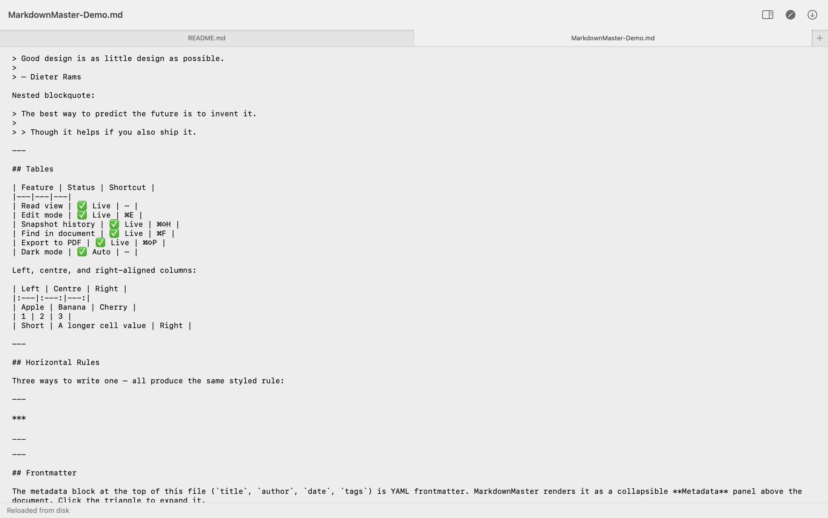 Markdown Master edit mode showing plain text editor