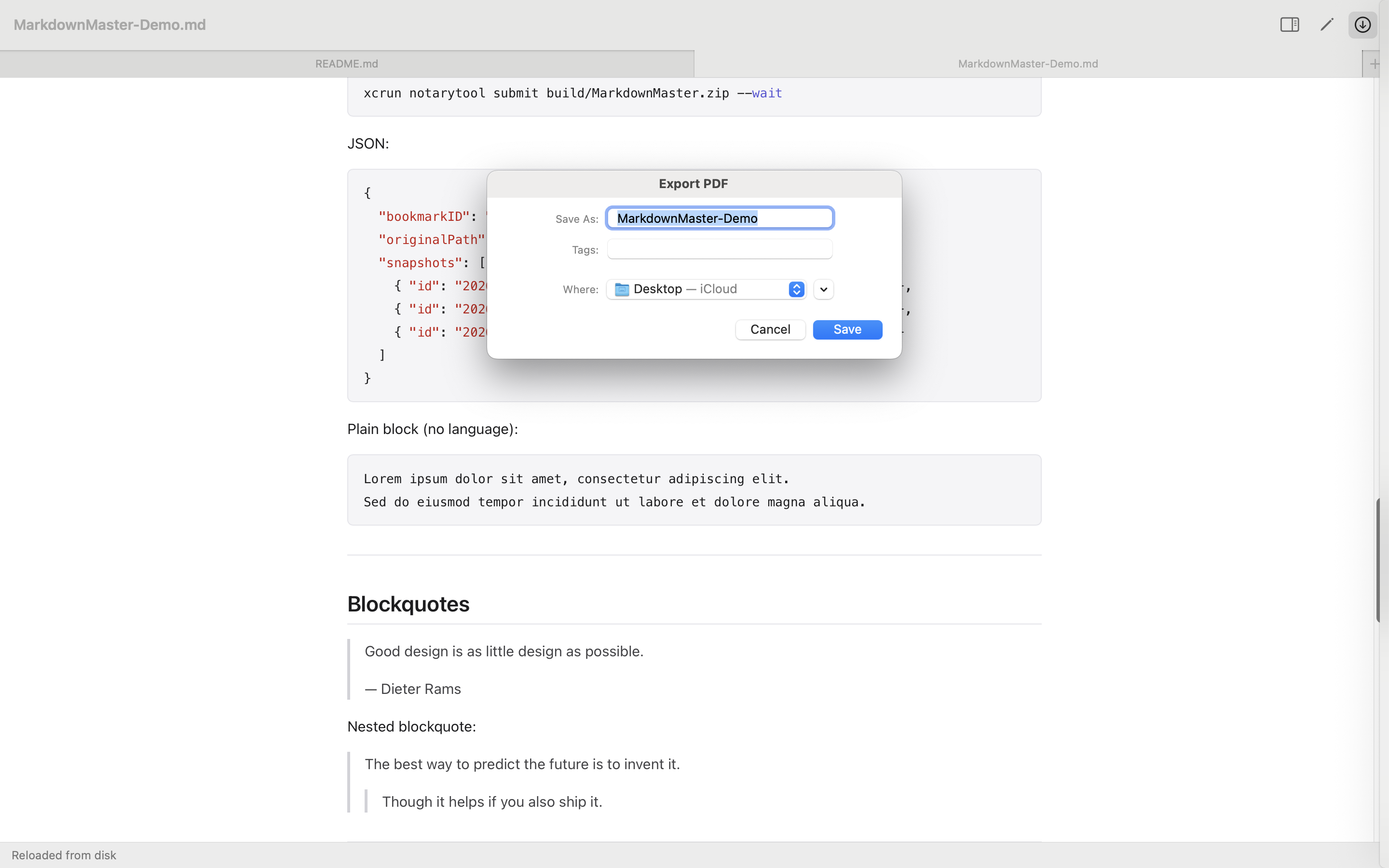 Markdown Master export to PDF
