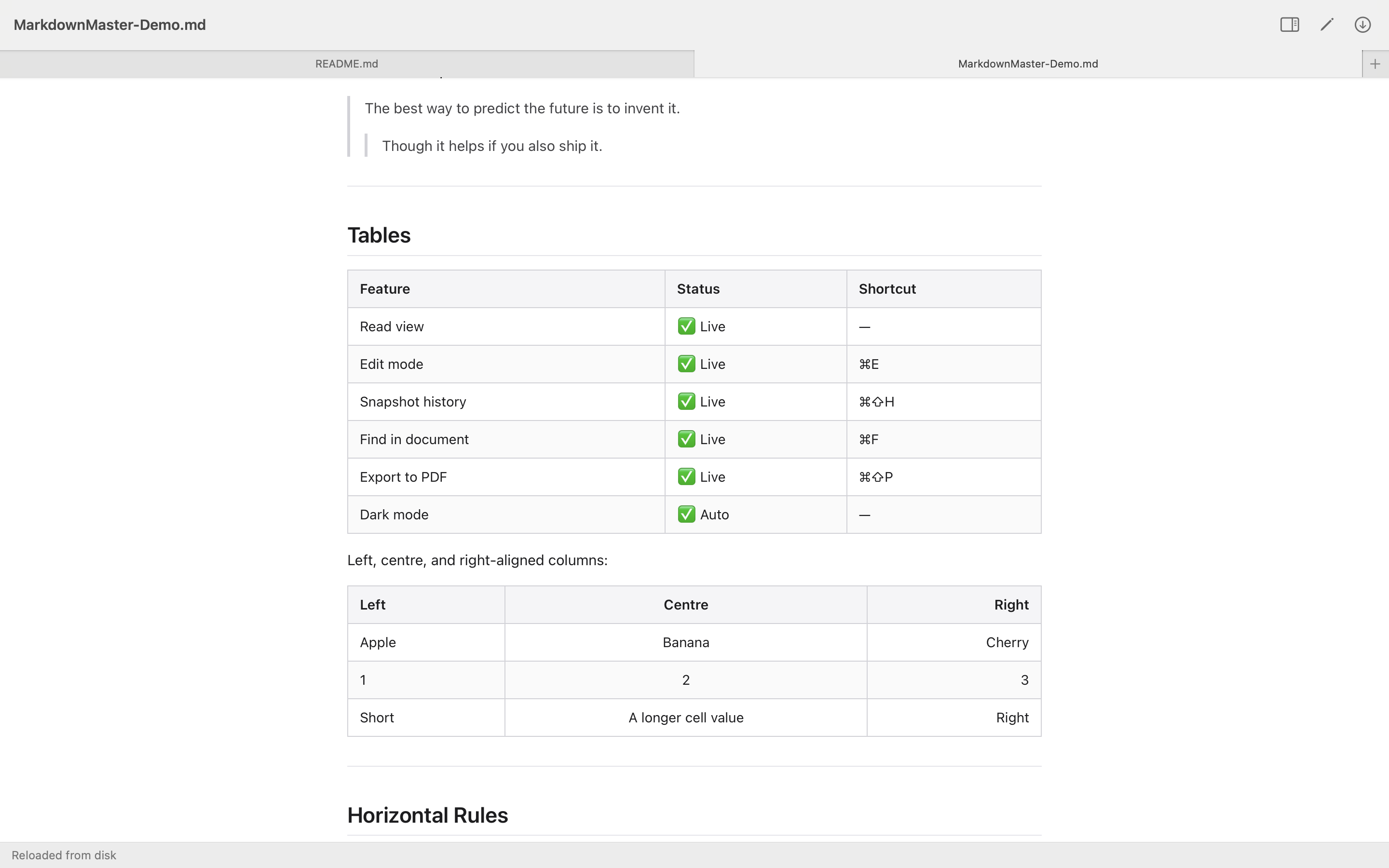Markdown Master read view with rendered document